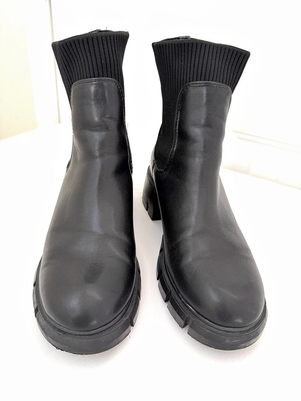 Black Lug Sole Sock Ankle Boots Like New